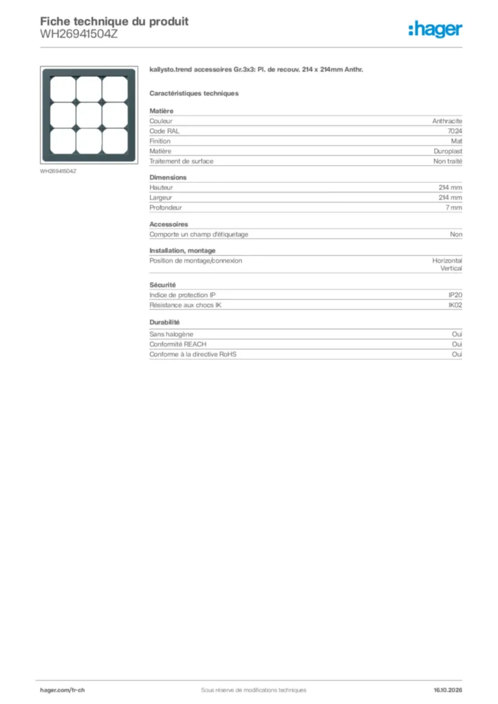 Image Hager Fiche technique du produit WH26941504Z | Hager Suisse