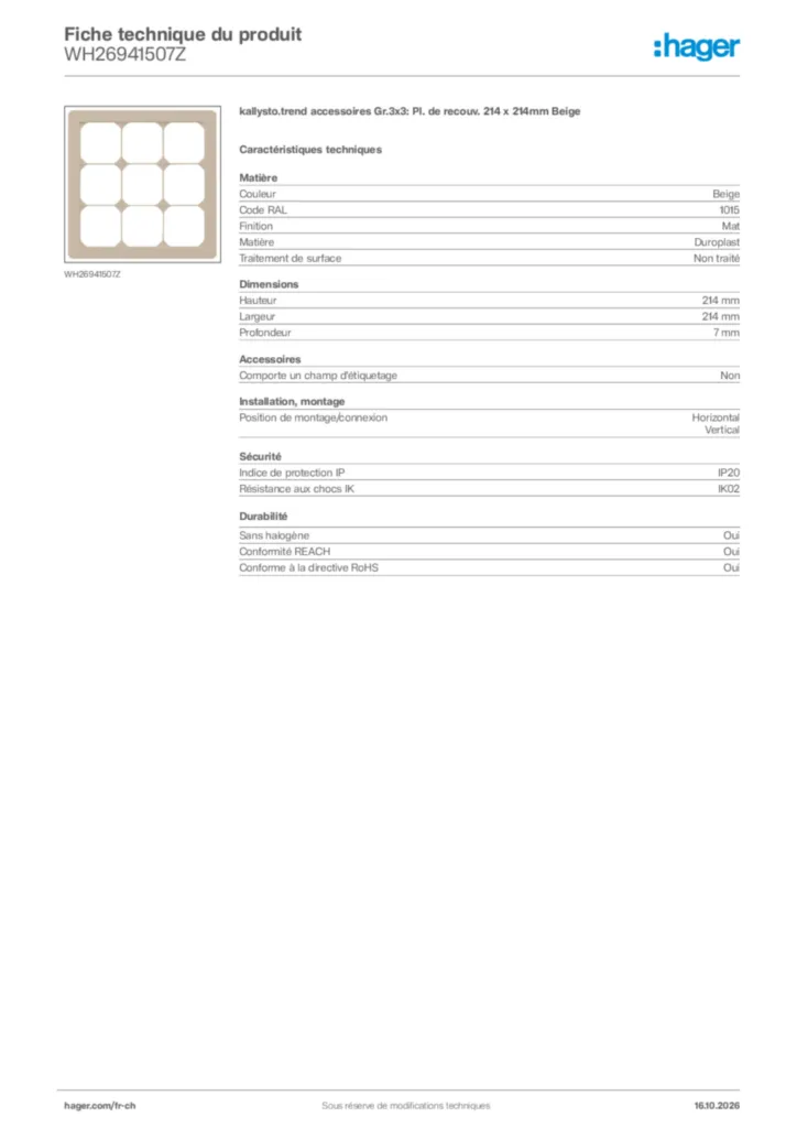 Image Hager Fiche technique du produit WH26941507Z | Hager Suisse