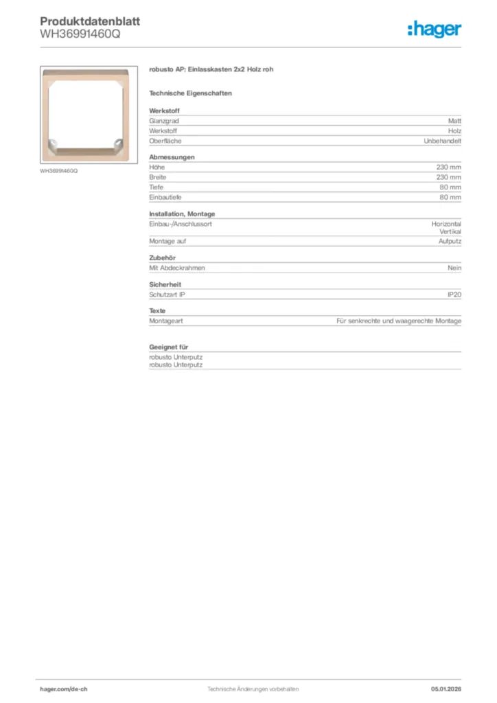 Bild Hager Produktdatenblatt WH36991460Q | Hager Schweiz