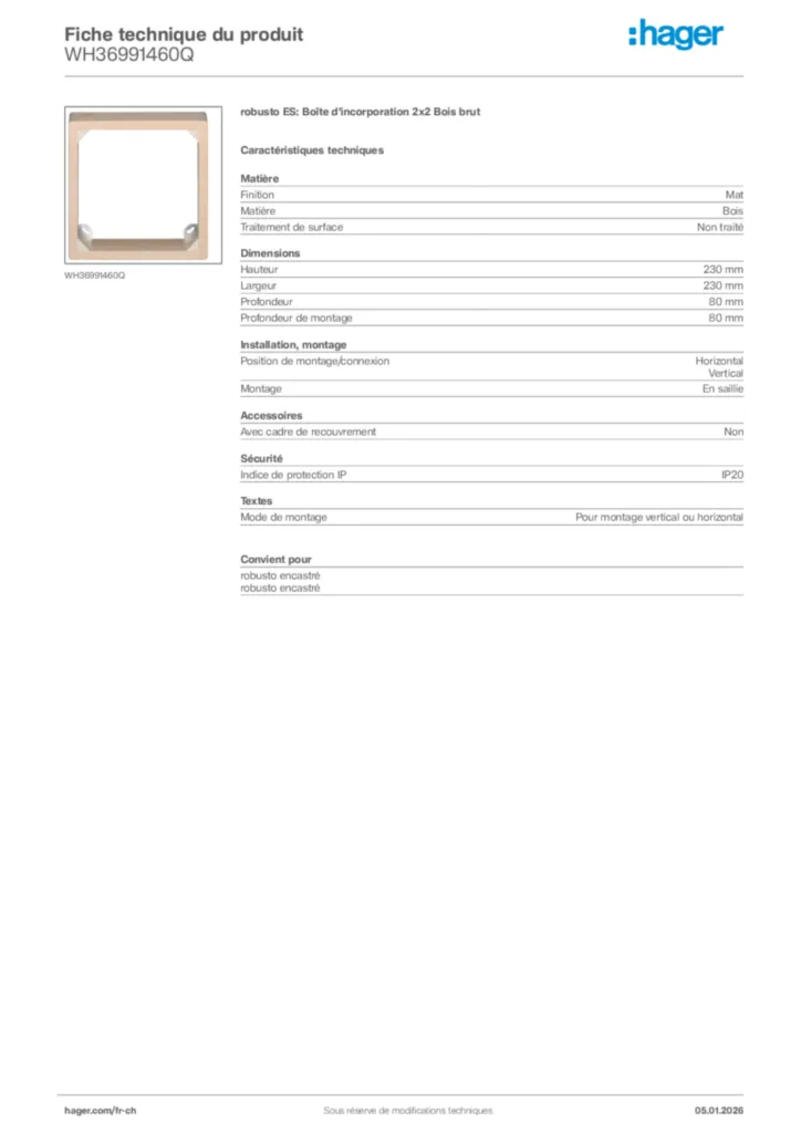 Image Hager Fiche technique du produit WH36991460Q | Hager Suisse