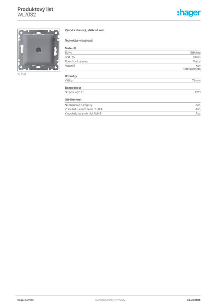 Obrázek Hager Produktový list WL7032 | Hager