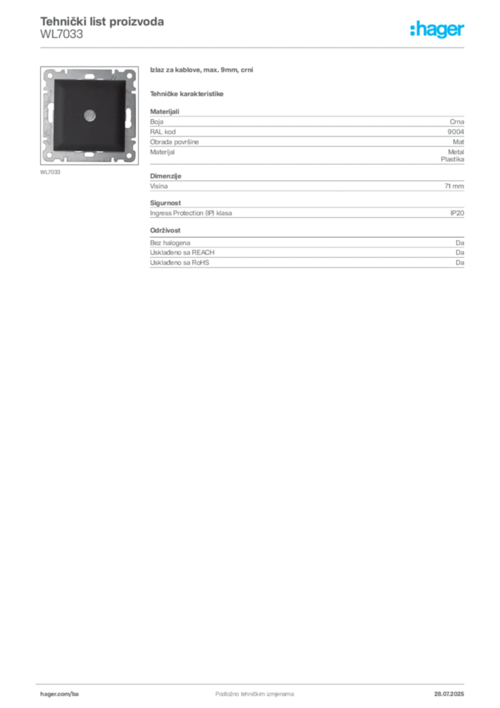 Slika Hager Product data sheet WL7033  | Hager