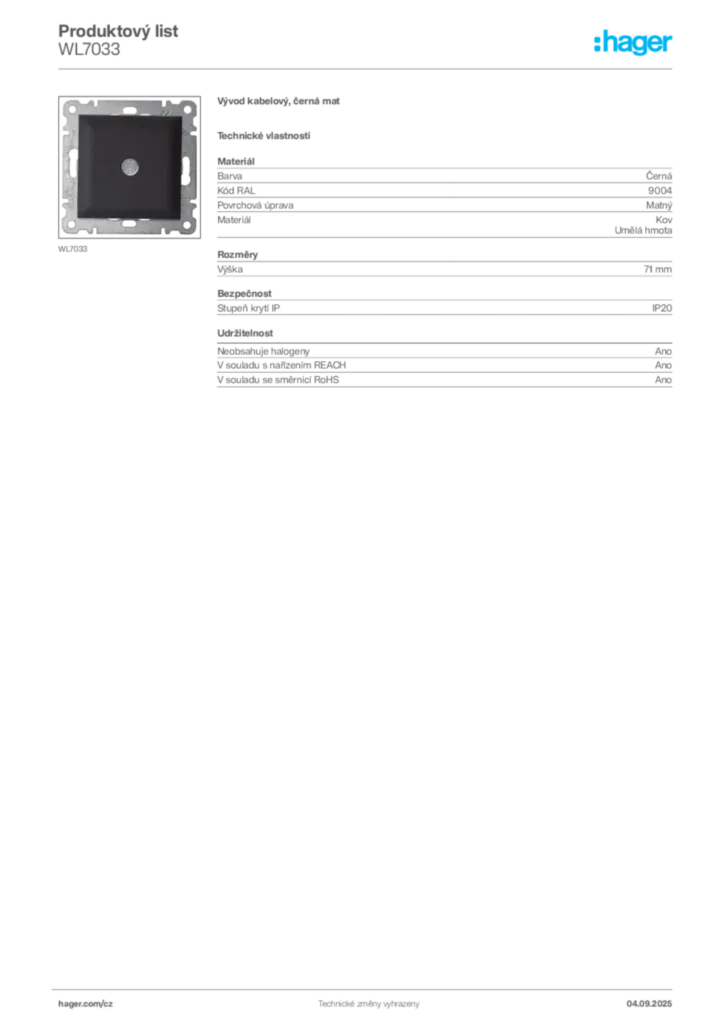 Obrázek Hager Produktový list WL7033 | Hager