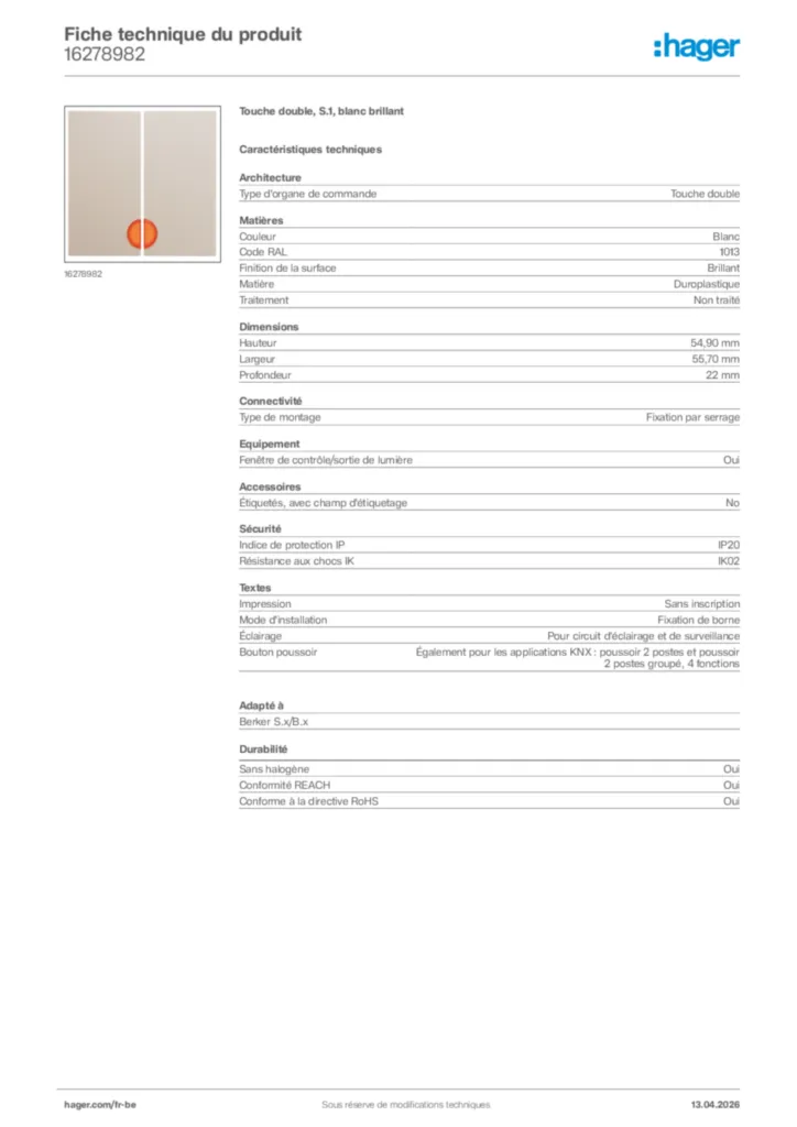 Image Hager Fiche technique du produit 16278982 | Hager Belgique