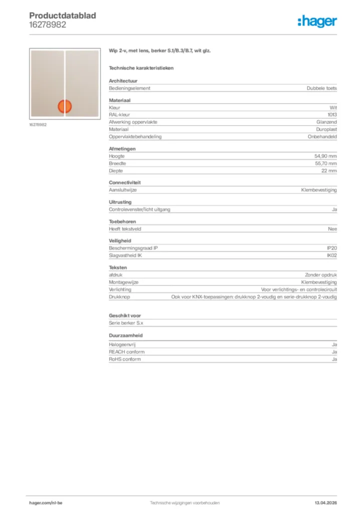 Afbeelding Hager Productdatablad 16278982 | Hager Belgium