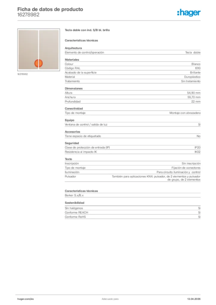 Imagen Hager Ficha de datos de producto 16278982 | Hager España