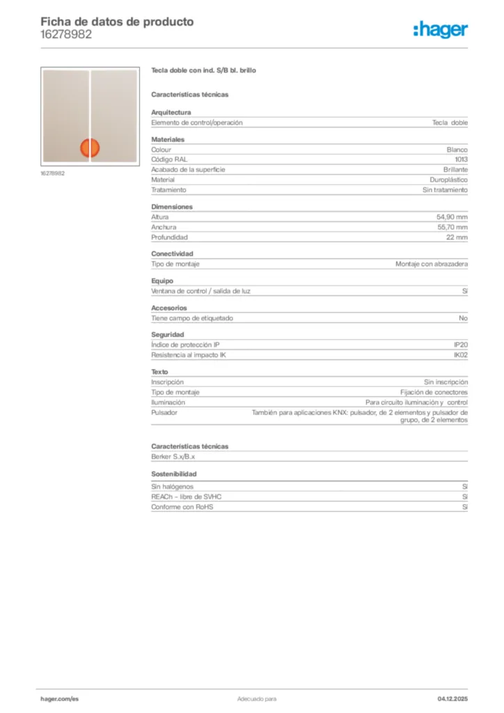 Imagen Hager Ficha de datos de producto 16278982 | Hager España