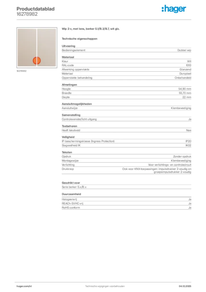 Afbeelding Hager Productdatablad 16278982 | Hager Nederland