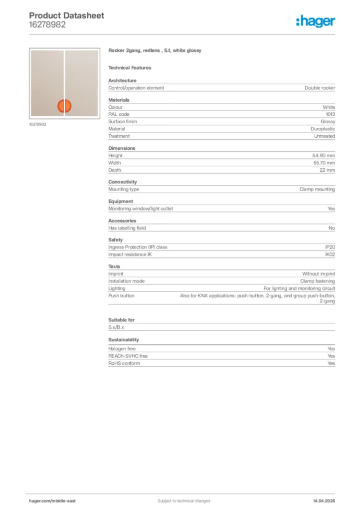 Image Hager Product data sheet 16278982  | Hager