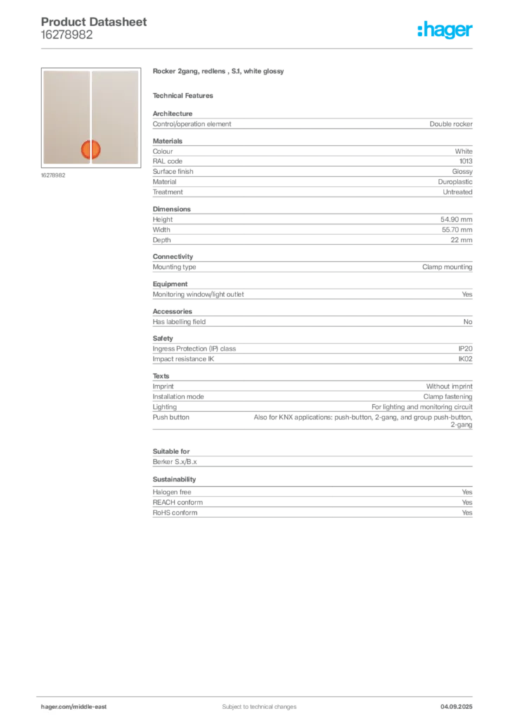 Image Hager Product data sheet 16278982  | Hager