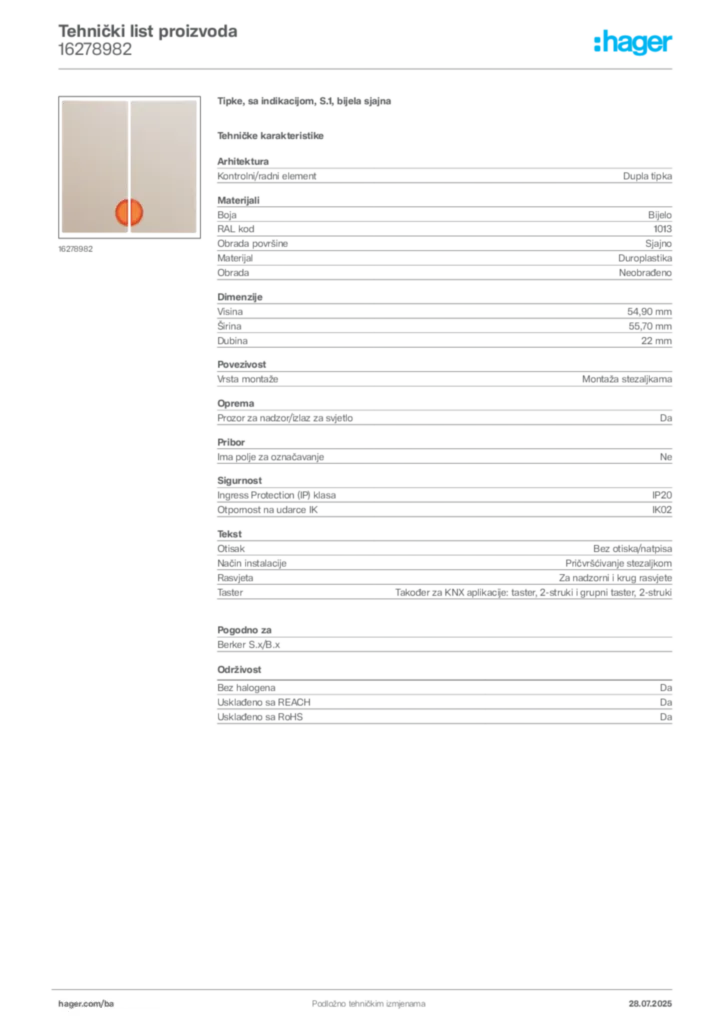 Slika Hager Product data sheet 16278982  | Hager