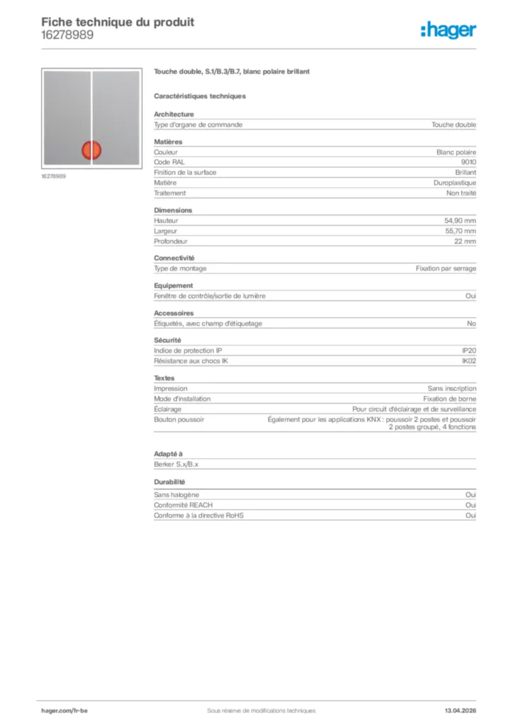 Image Hager Fiche technique du produit 16278989 | Hager Belgique