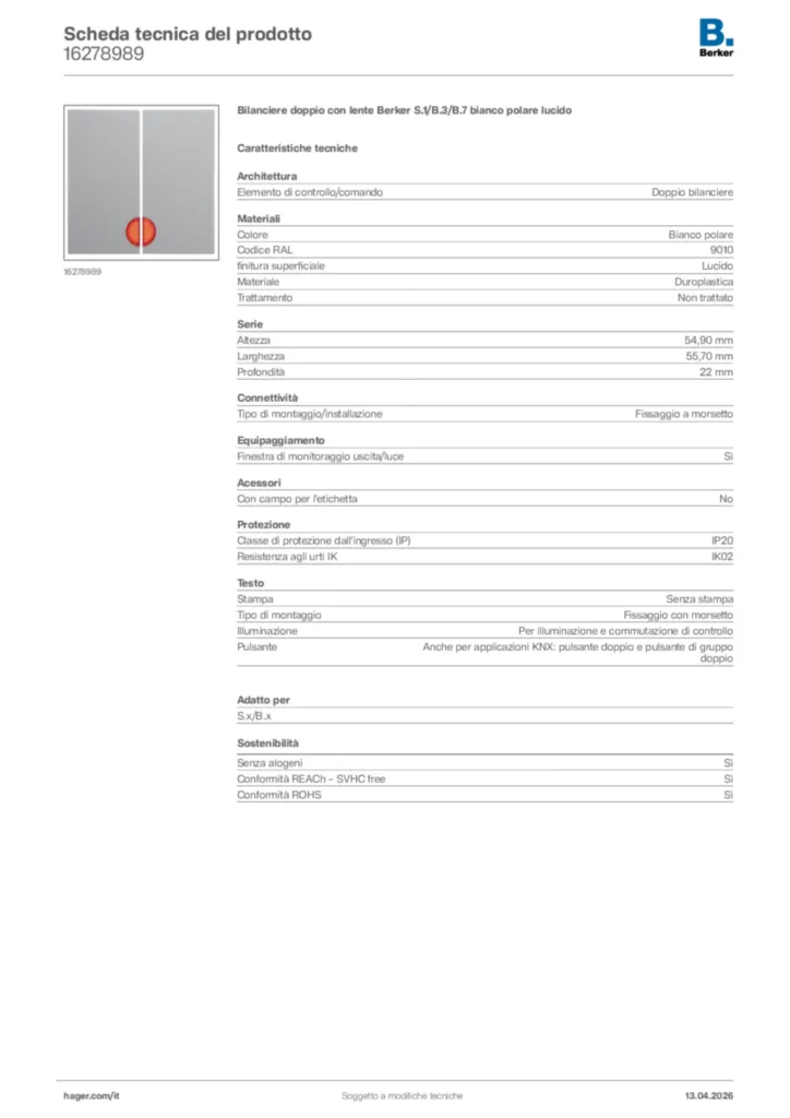 Immagine Berker Scheda tecnica del prodotto 16278989 | Hager Italia