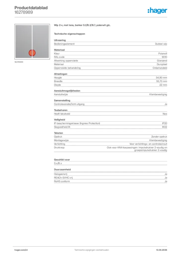 Afbeelding Hager Productdatablad 16278989 | Hager Nederland