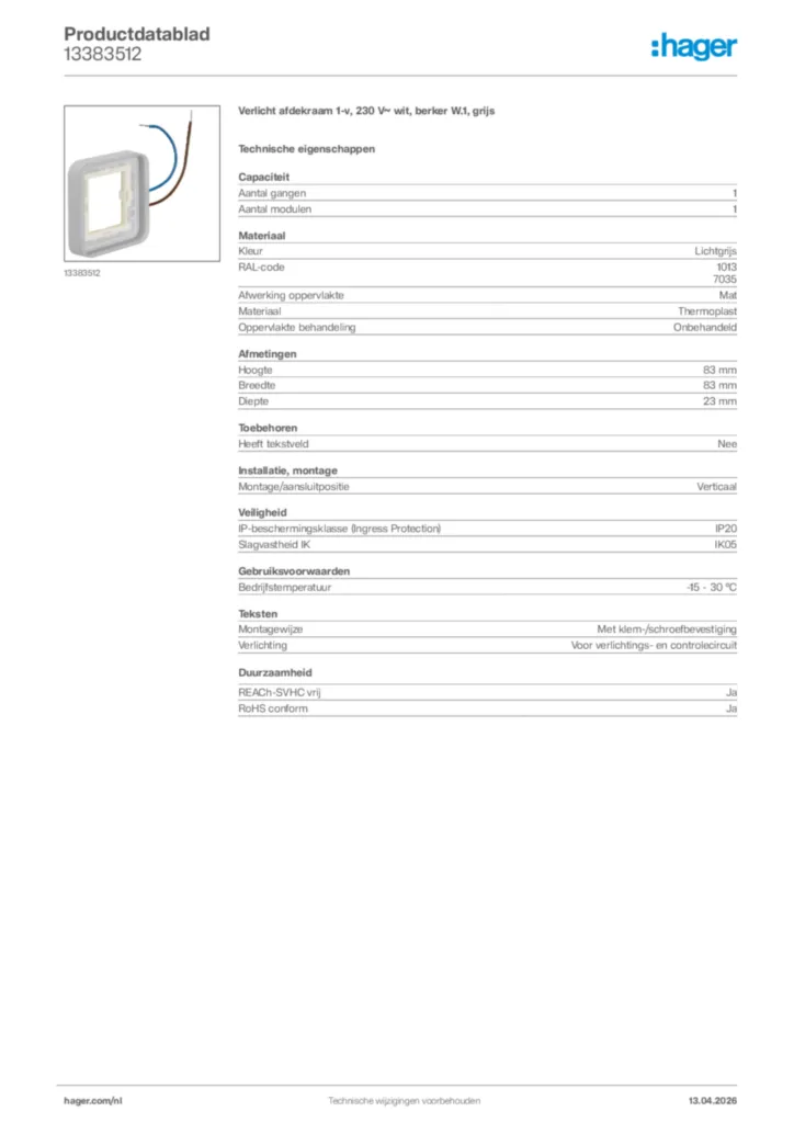 Afbeelding Hager Productdatablad 13383512 | Hager Nederland