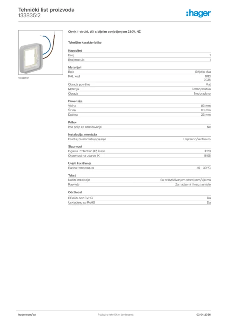 Slika Hager Tehnički list proizvoda 13383512  | Hager