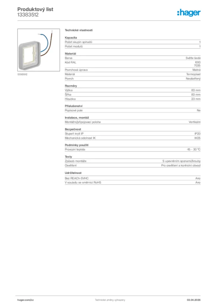 Obrázek Hager Product data sheet 13383512 | Hager
