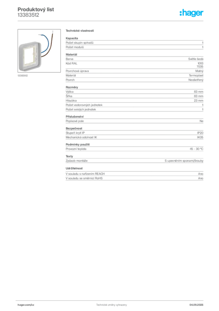 Obrázek Hager Produktový list 13383512 | Hager