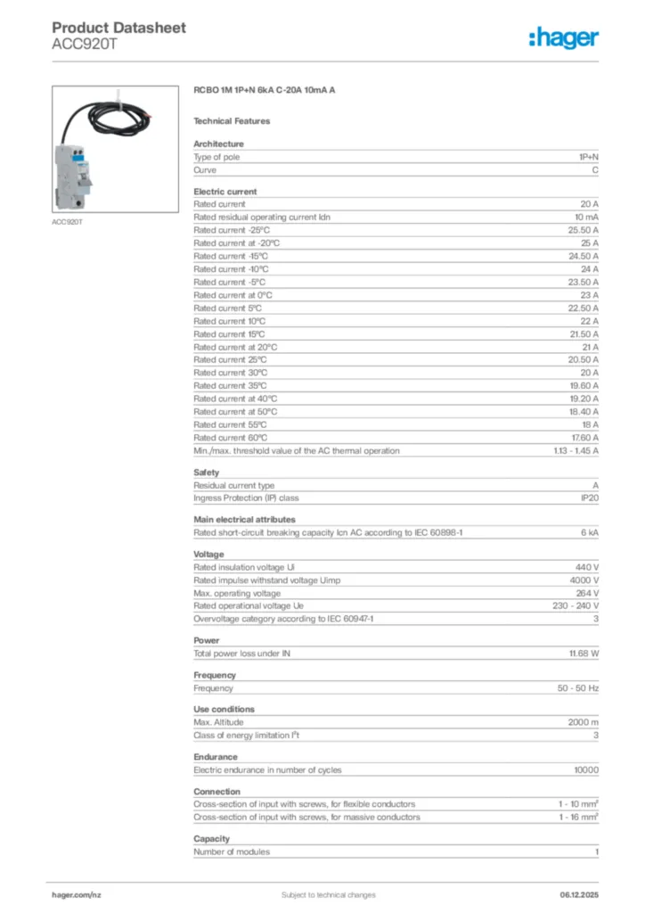 Image Hager Product data sheet ACC920T  | Hager New Zealand