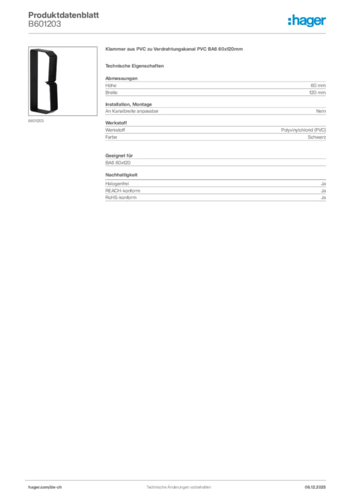 Bild Hager Produktdatenblatt B601203 | Hager Schweiz