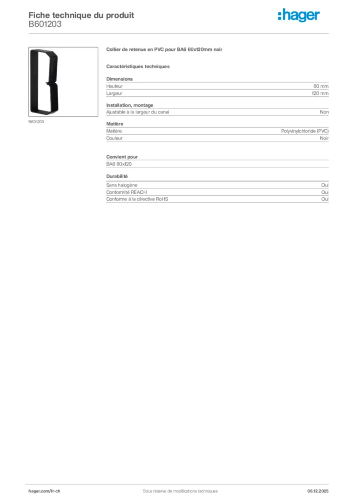 Image Hager Fiche technique du produit B601203 | Hager Suisse