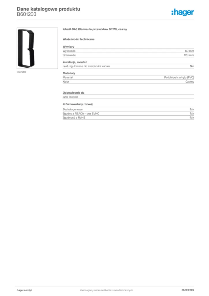 Zdjęcie Hager Dane katalogowe produktu B601203 | Hager Polska
