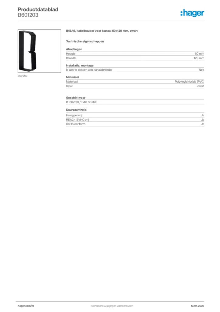Afbeelding Hager Productdatablad B601203 | Hager Nederland