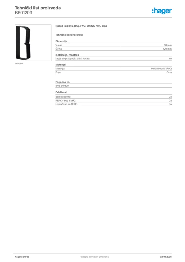 Slika Hager Tehnički list proizvoda B601203  | Hager