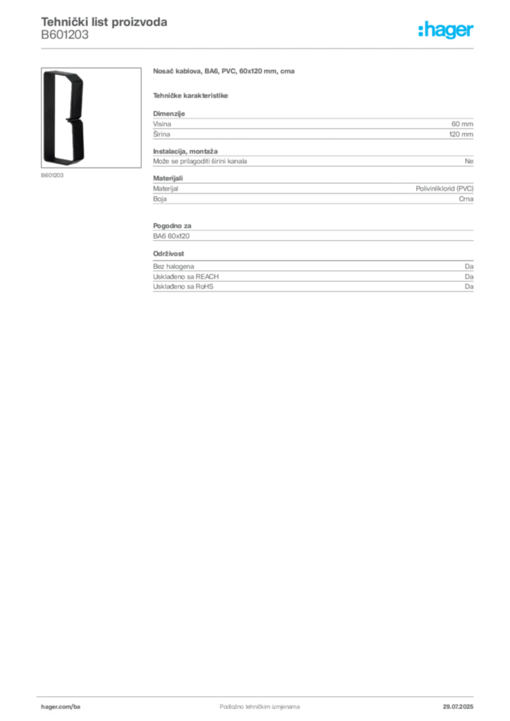 Slika Hager Product data sheet B601203  | Hager