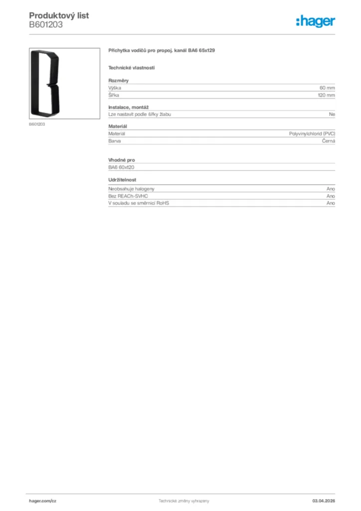 Obrázek Hager Product data sheet B601203 | Hager