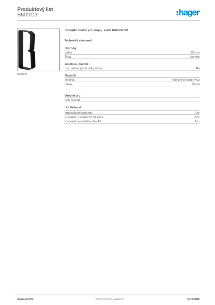 Obrázek Hager Produktový list B601203 | Hager