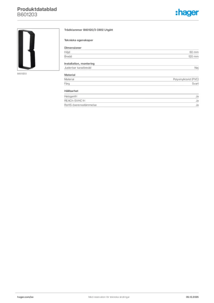 Bild Hager Produktdatablad B601203 | Hager Sverige