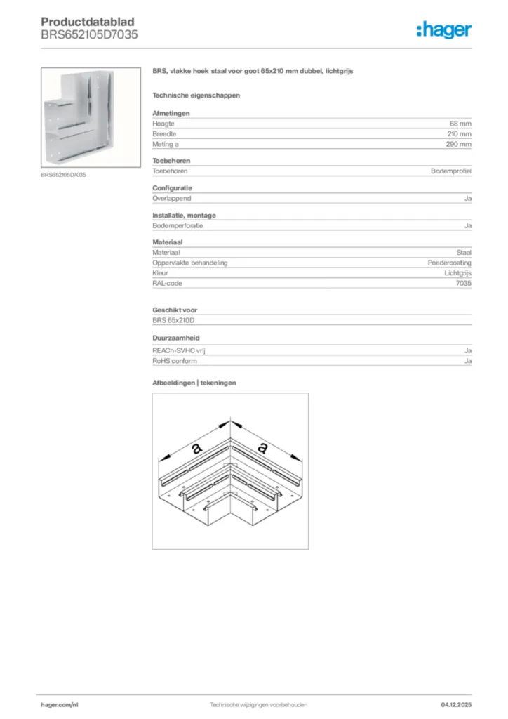Afbeelding Hager Productdatablad BRS652105D7035 | Hager Nederland