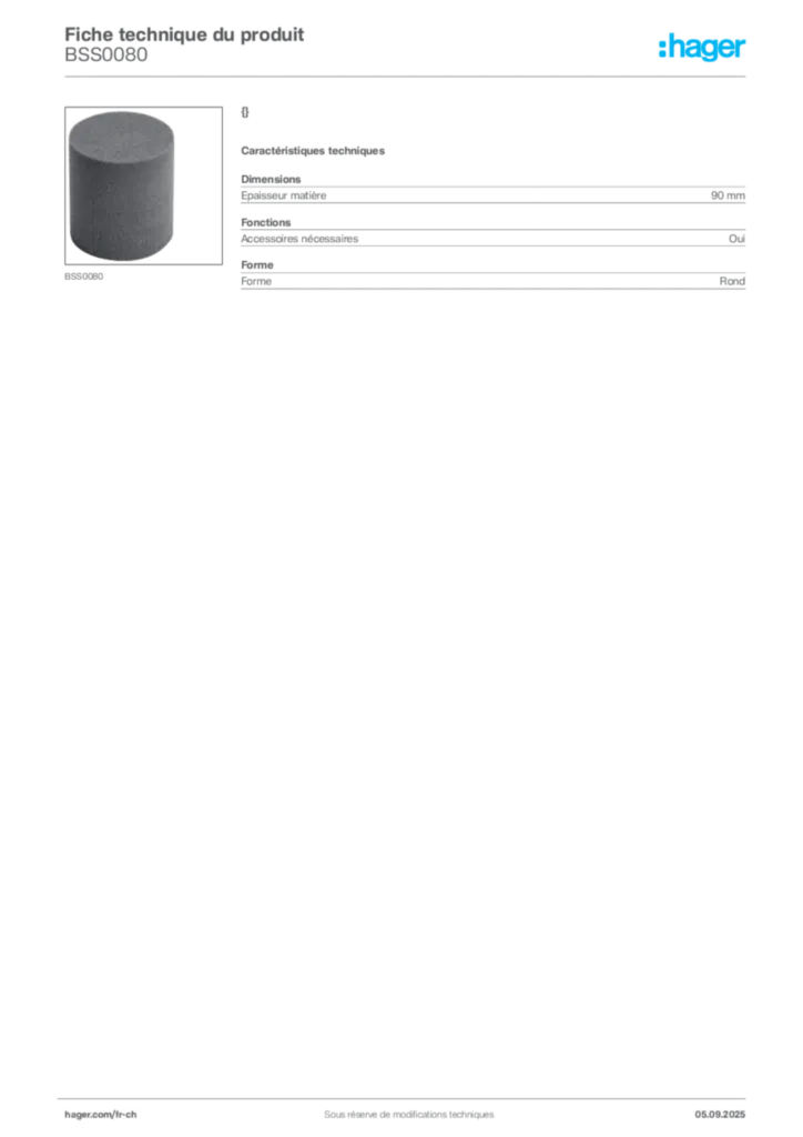 Image Hager Fiche technique du produit BSS0080 | Hager Suisse