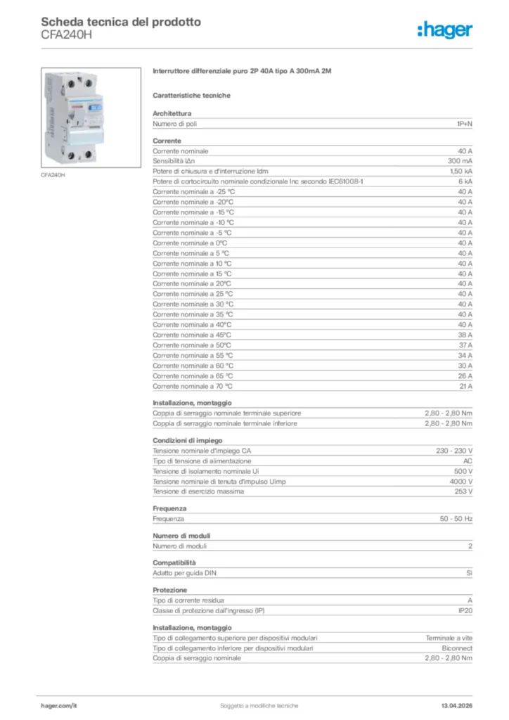 Immagine Hager Scheda tecnica del prodotto CFA240H | Hager Italia