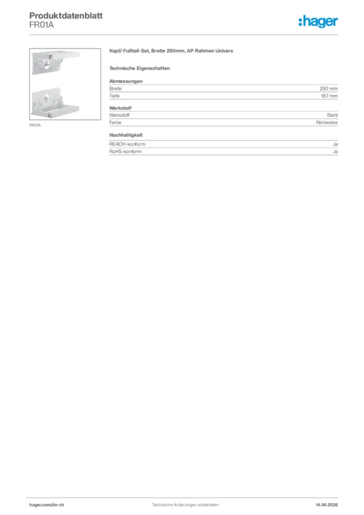 Bild Hager Produktdatenblatt FR01A | Hager Schweiz