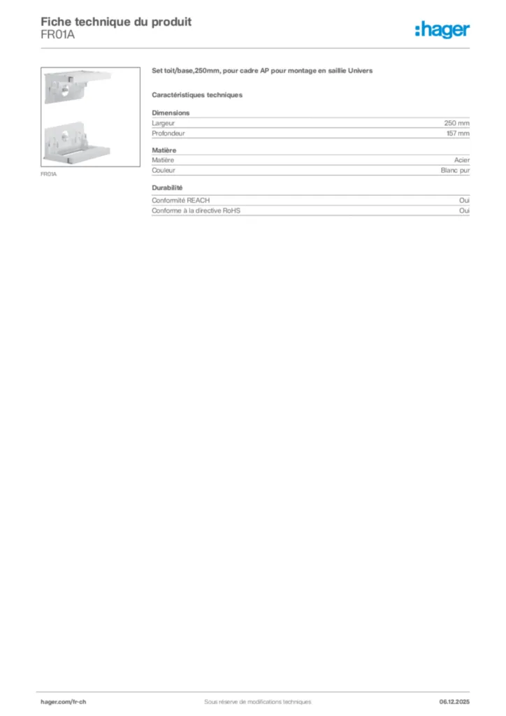 Image Hager Fiche technique du produit FR01A | Hager Suisse