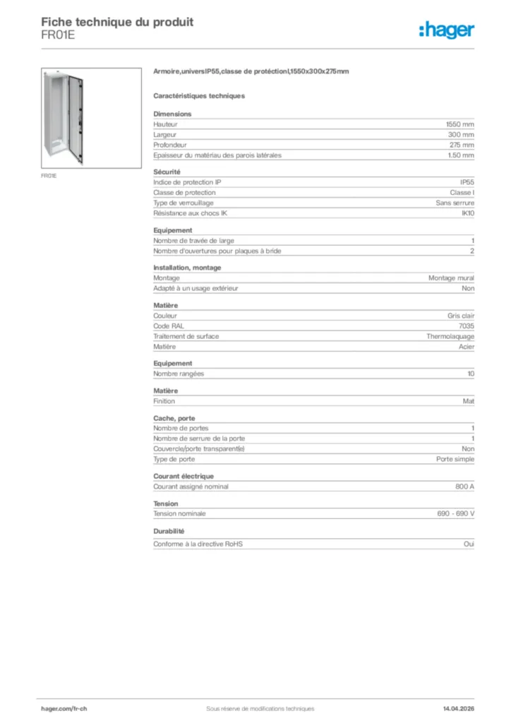 Image Hager Fiche technique du produit FR01E | Hager Suisse