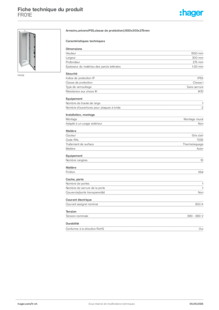 Image Hager Fiche technique du produit FR01E | Hager Suisse