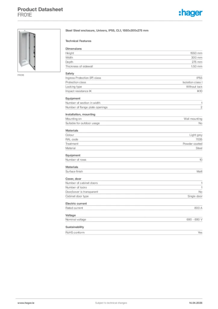 Image Hager Product data sheet FR01E  | Hager