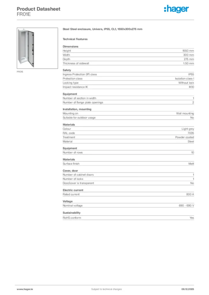Image Hager Product data sheet FR01E  | Hager