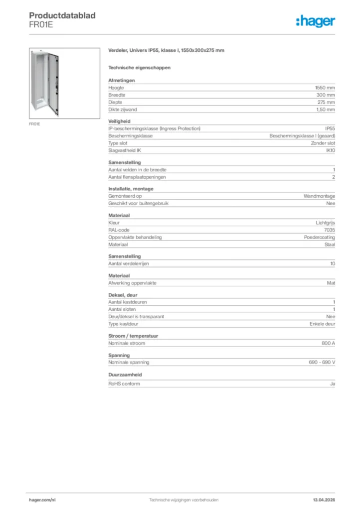 Afbeelding Hager Productdatablad FR01E | Hager Nederland