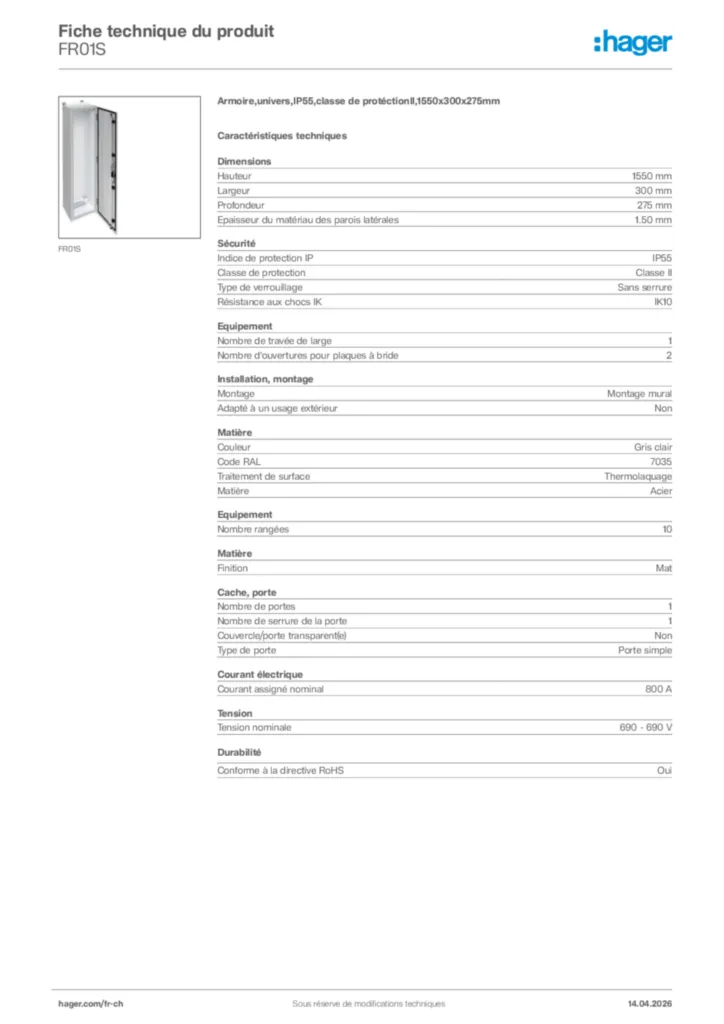 Image Hager Fiche technique du produit FR01S | Hager Suisse