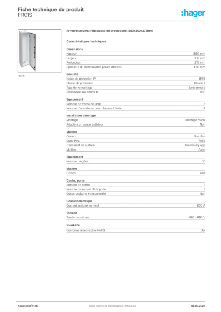 Image Hager Fiche technique du produit FR01S | Hager Suisse
