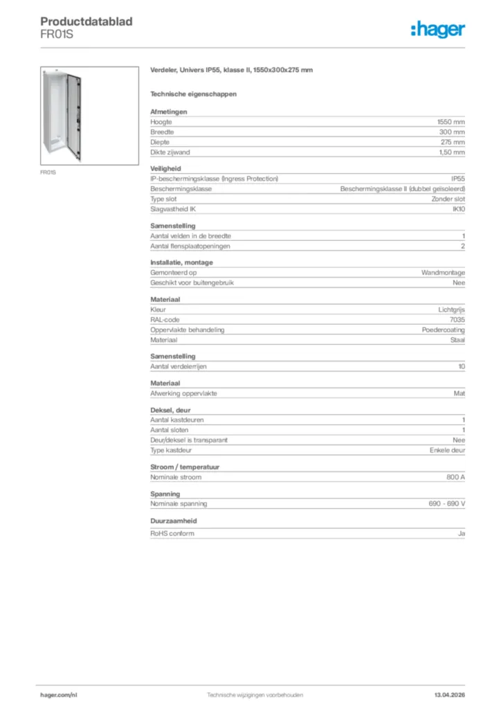 Afbeelding Hager Productdatablad FR01S | Hager Nederland