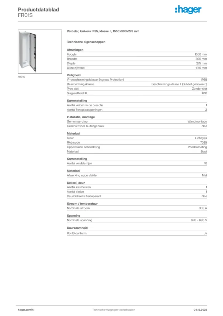 Afbeelding Hager Productdatablad FR01S | Hager Nederland