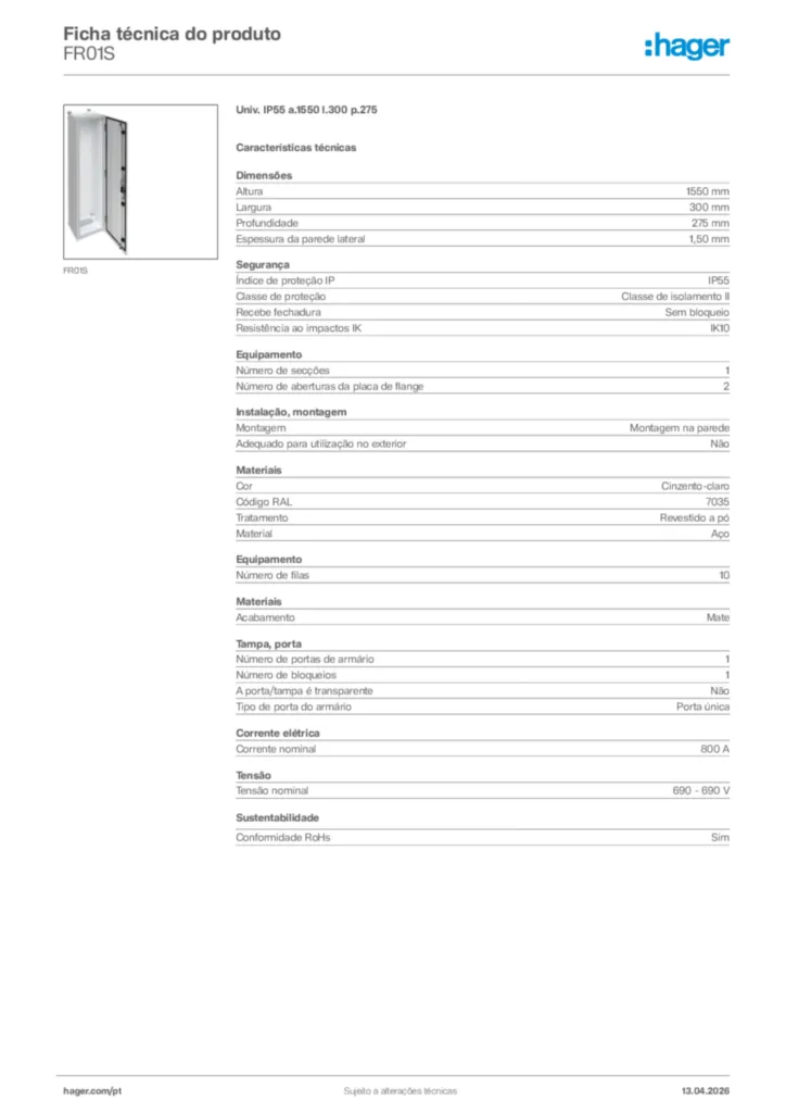 Imagem Hager Ficha técnica do produto FR01S | Hager Portugal
