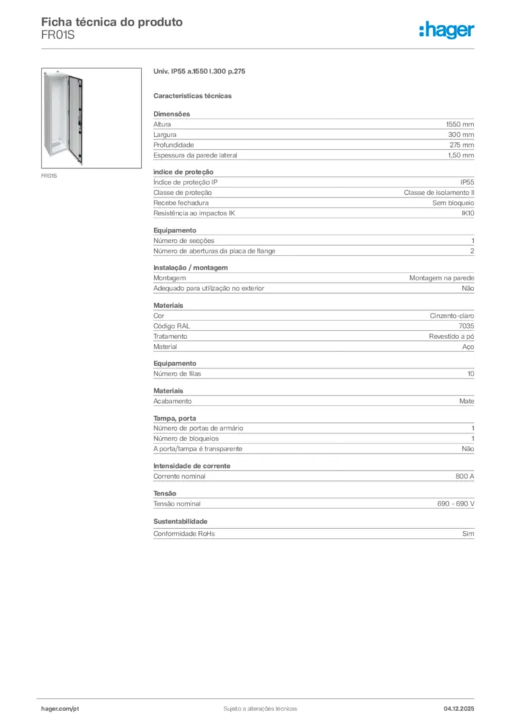 Imagem Hager Ficha técnica do produto FR01S | Hager Portugal