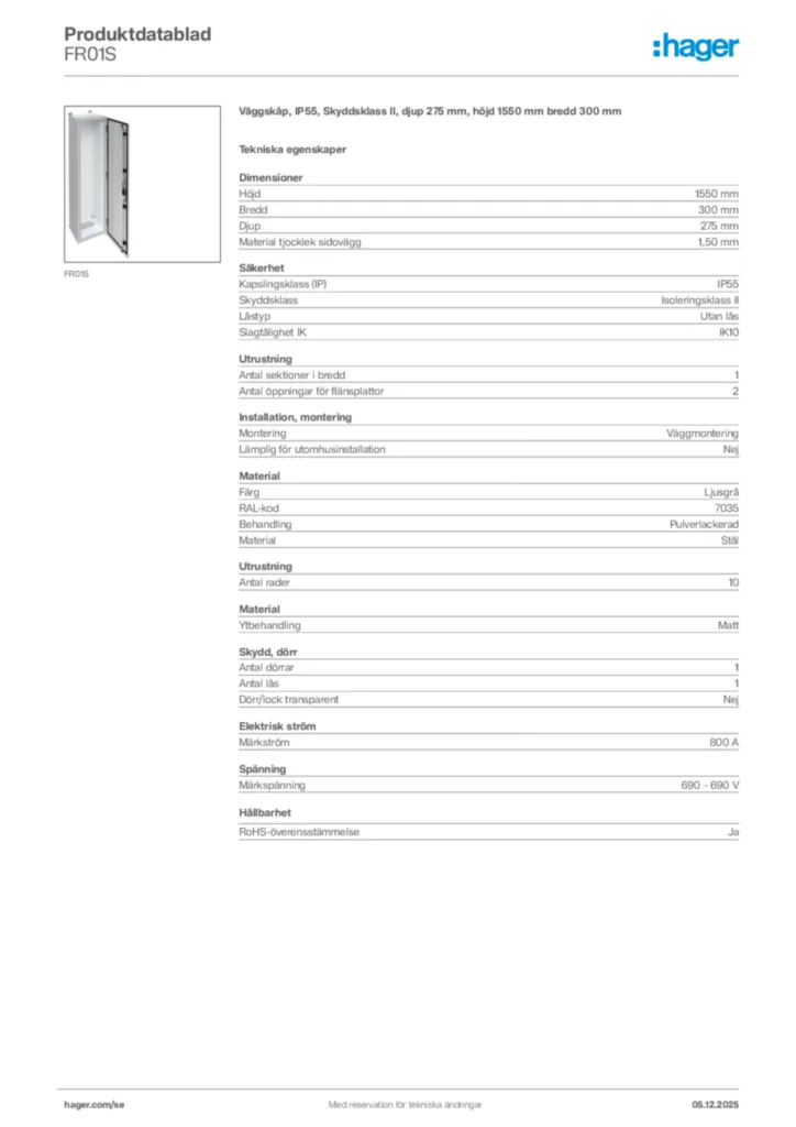 Bild Hager Produktdatablad FR01S | Hager Sverige