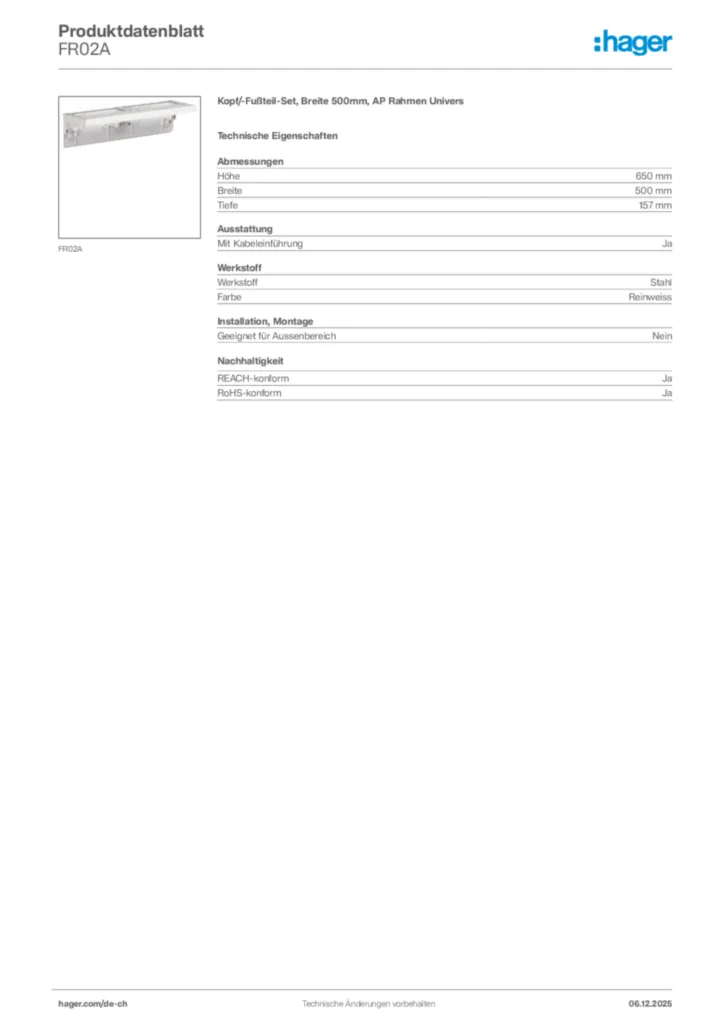 Bild Hager Produktdatenblatt FR02A | Hager Schweiz
